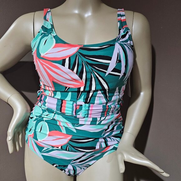 Anne Cole Plus Size Zesty Tropical Belted Scoop-Neck One-Piece Swimsuit - Picture 2 of 12